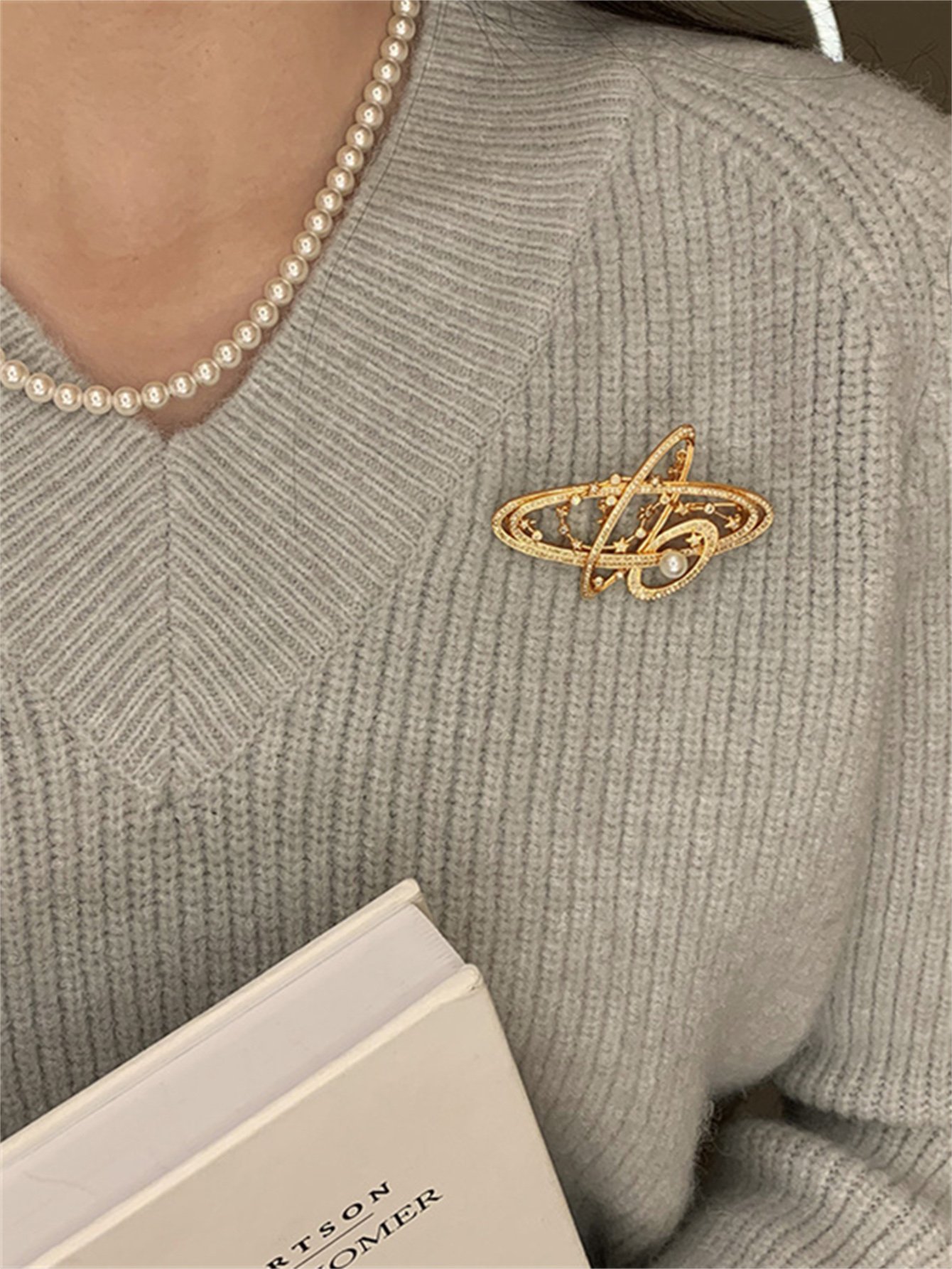 Gold Planetary Brooch with Pearl Accent