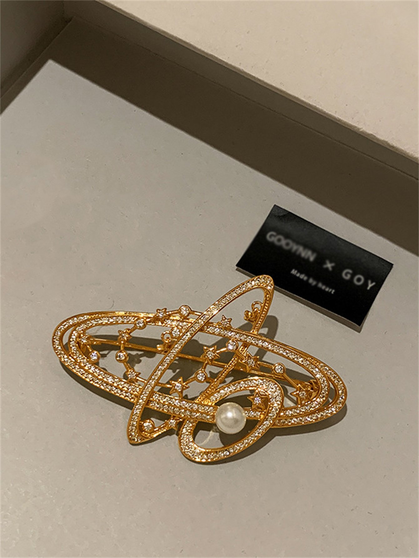Gold Planetary Brooch with Pearl Accent