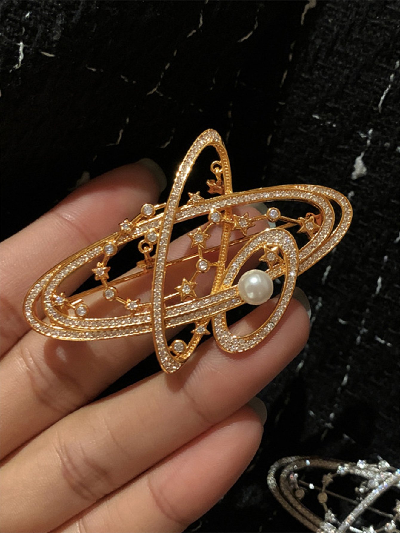 Gold Planetary Brooch with Pearl Accent