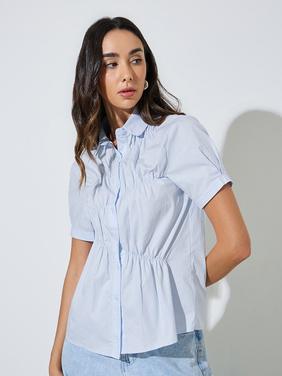 Blue Ruched Short Sleeve Shirt