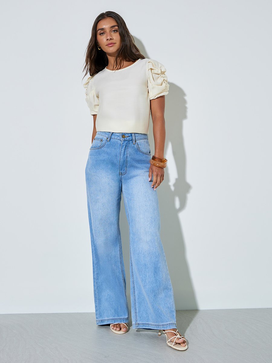 Beige Solid Leg of Mutton Sleeves Blouse