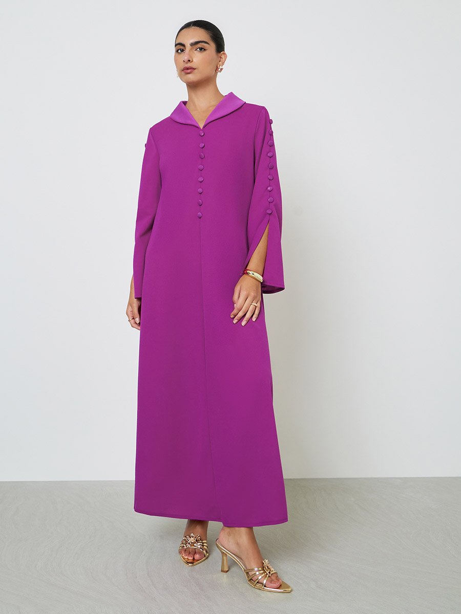 Purple Slit Sleeve Jalabiya with Button Detail