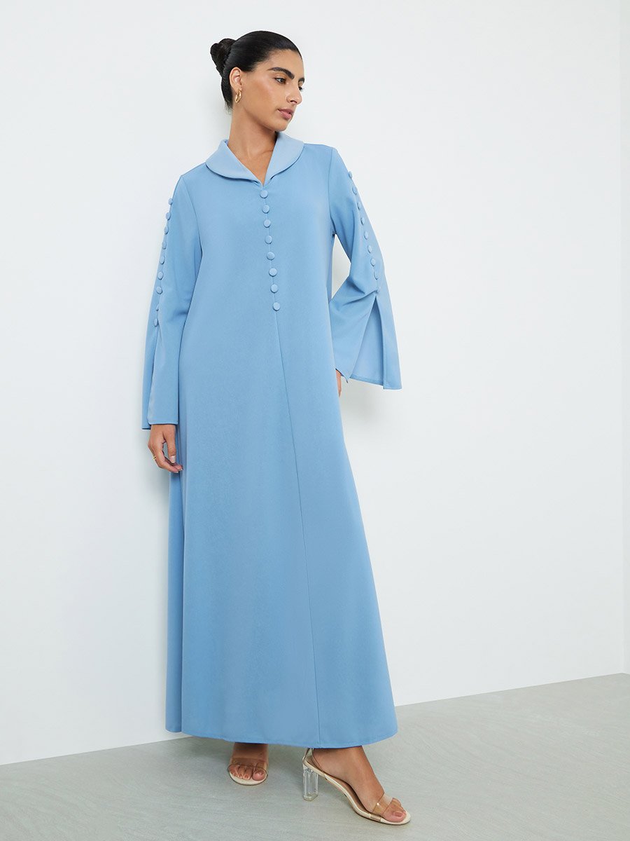 Blue Slit Sleeve Jalabiya with Button Detail