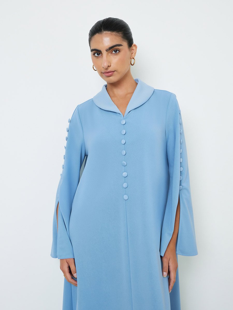 Blue Slit Sleeve Jalabiya with Button Detail
