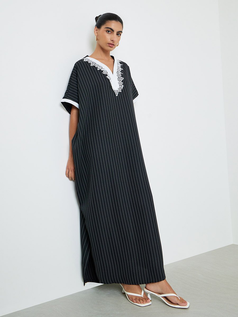Black Striped Jalabiya with Lace Trim