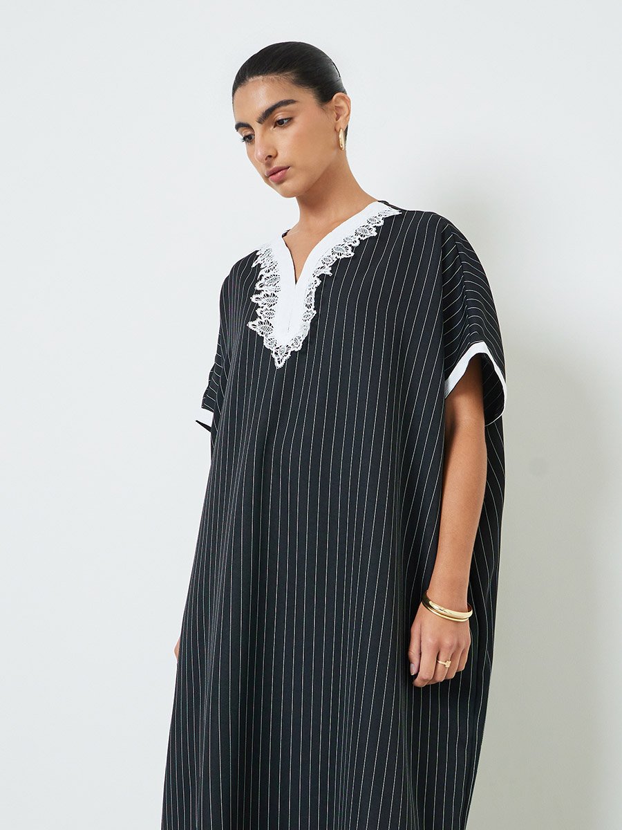 Black Striped Jalabiya with Lace Trim
