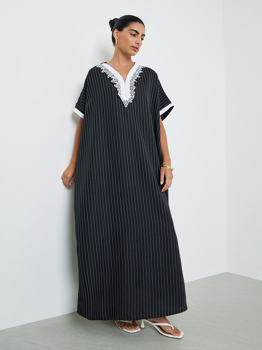 Black Striped Jalabiya with Lace Trim