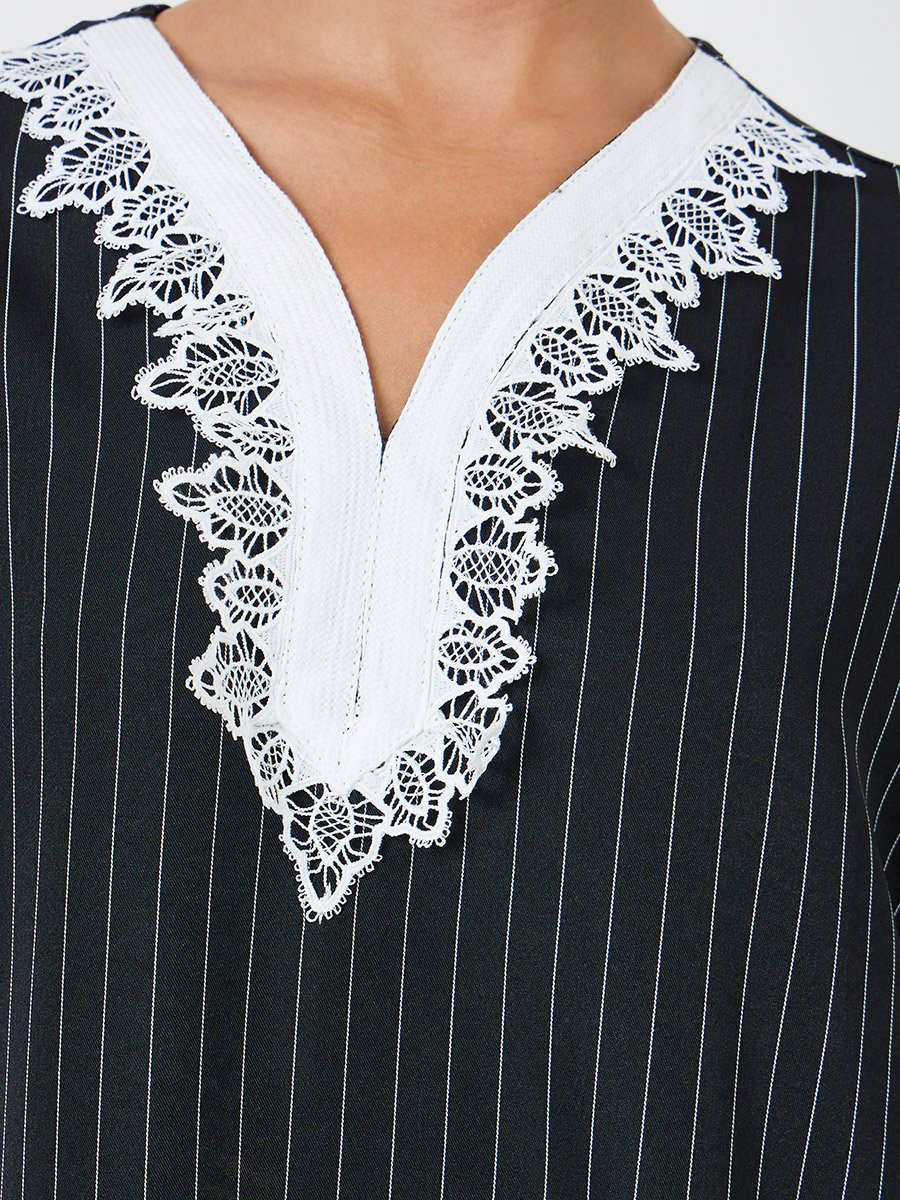 Black Striped Jalabiya with Lace Trim