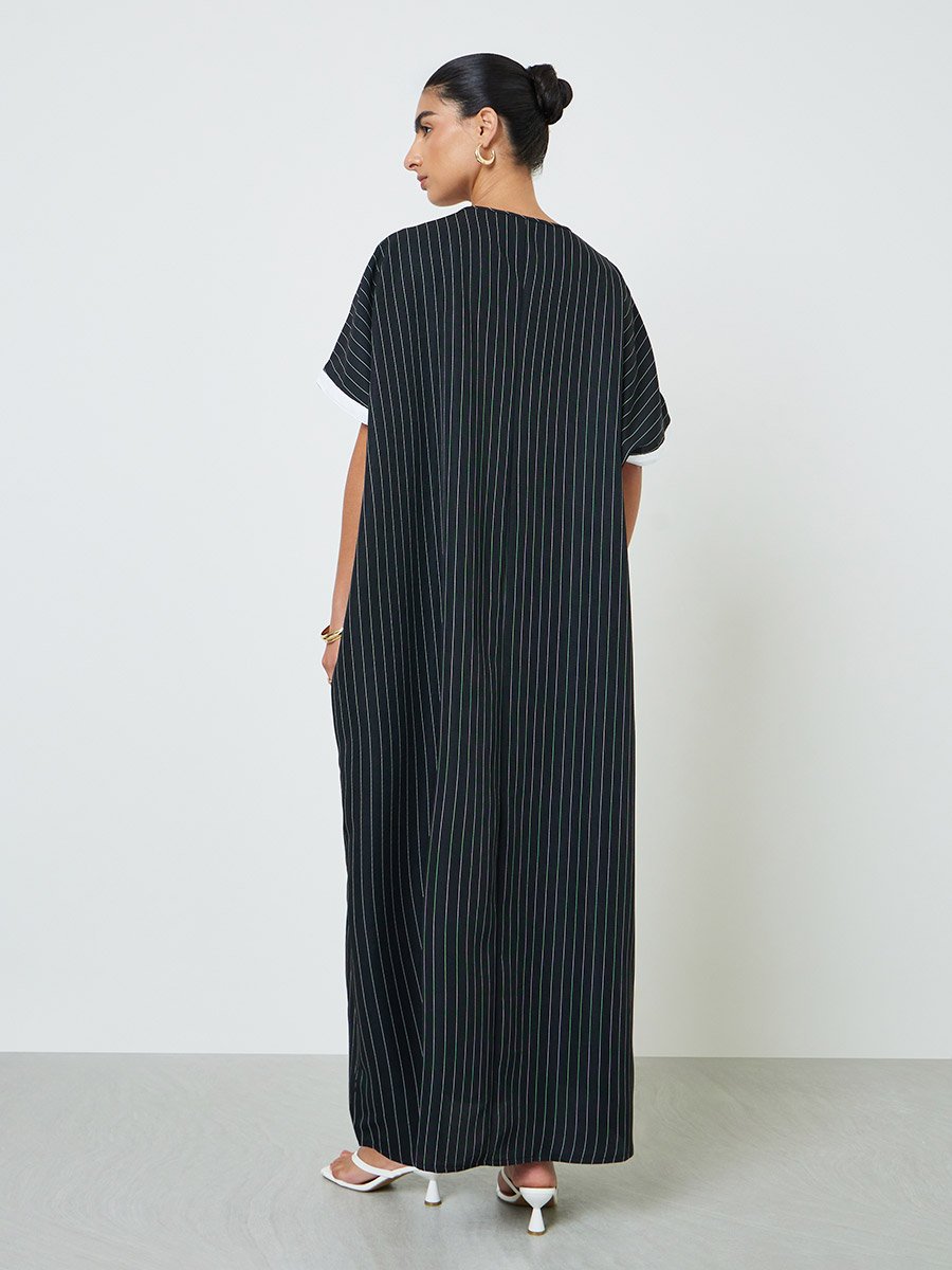 Black Striped Jalabiya with Lace Trim