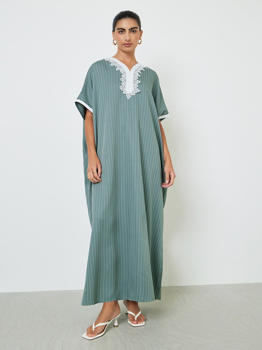 Green Striped Jalabiya with Lace Trim