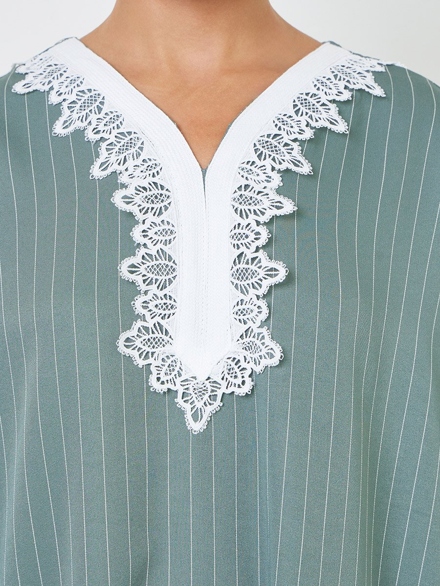 Green Striped Jalabiya with Lace Trim