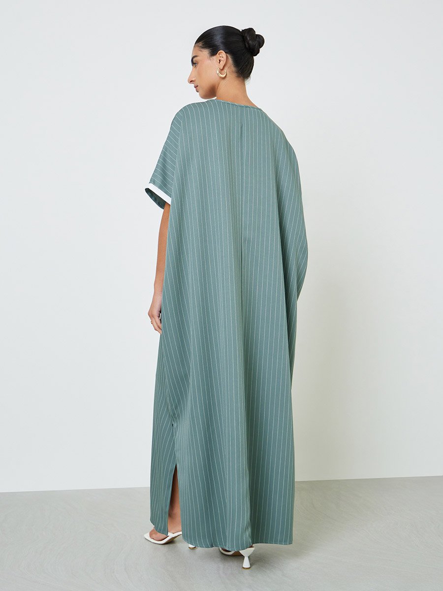Green Striped Jalabiya with Lace Trim