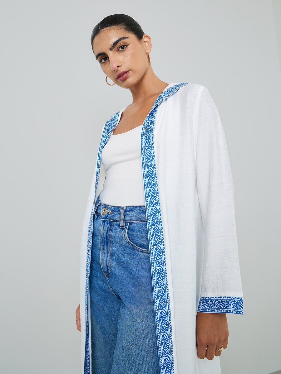 White Printed Panel Hooded Abaya