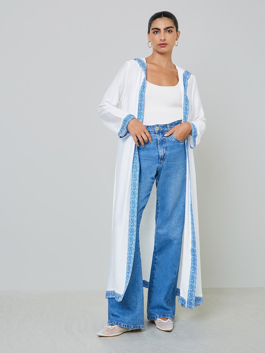 White Printed Panel Hooded Abaya