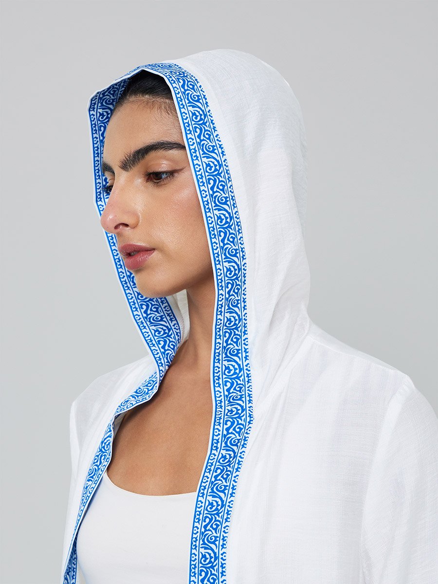 White Printed Panel Hooded Abaya