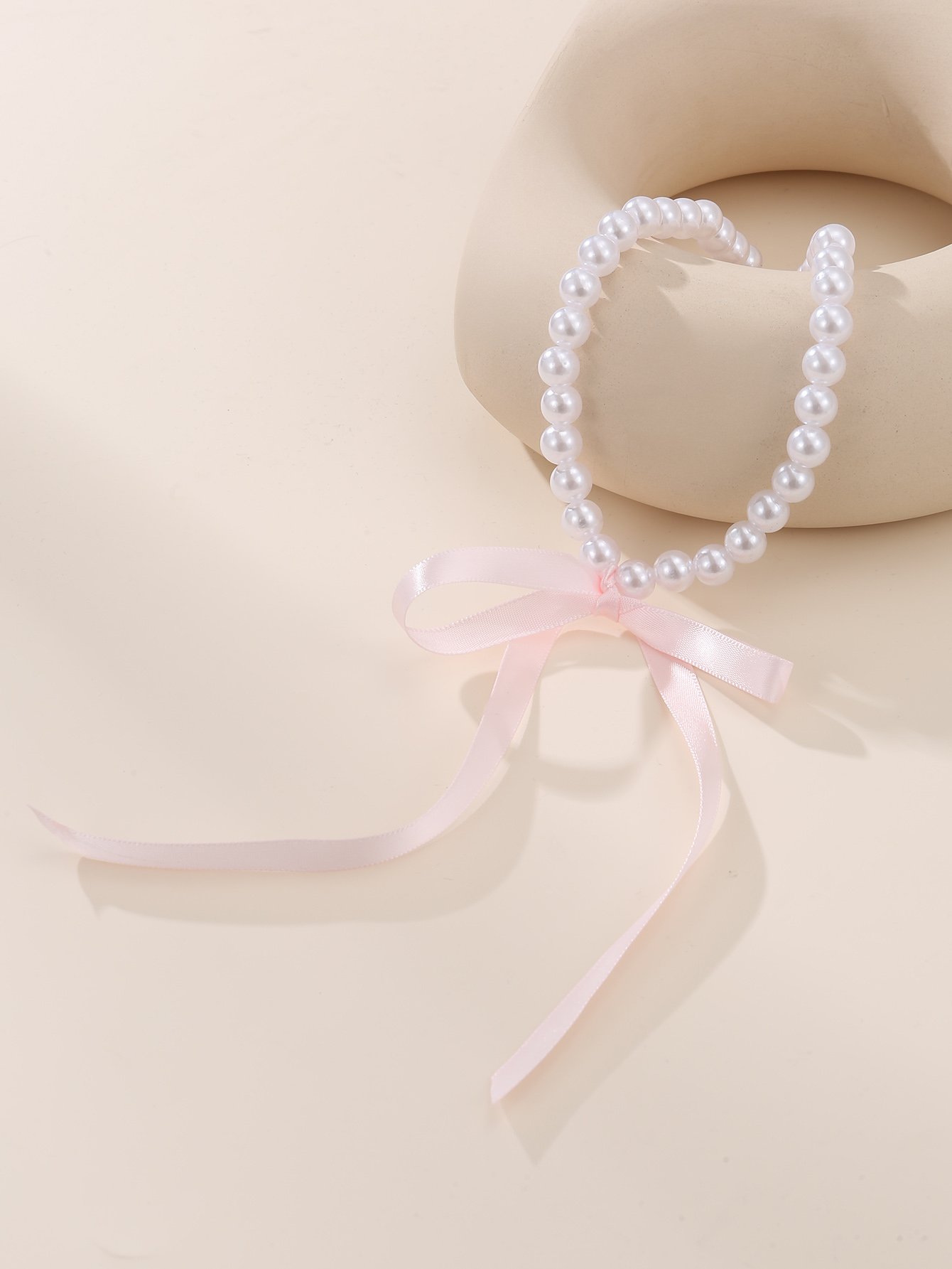 Pearl Beaded Necklace with Pink Ribbon