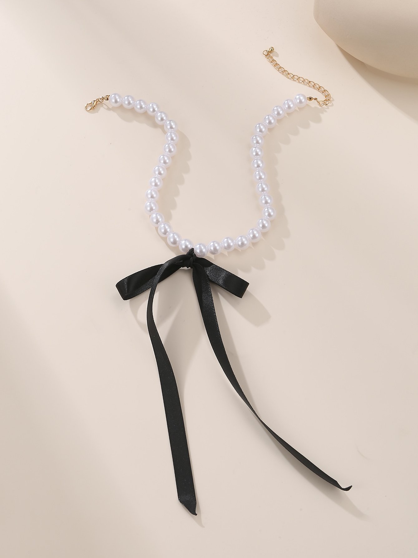 Pearl Beaded Necklace with Black Ribbon