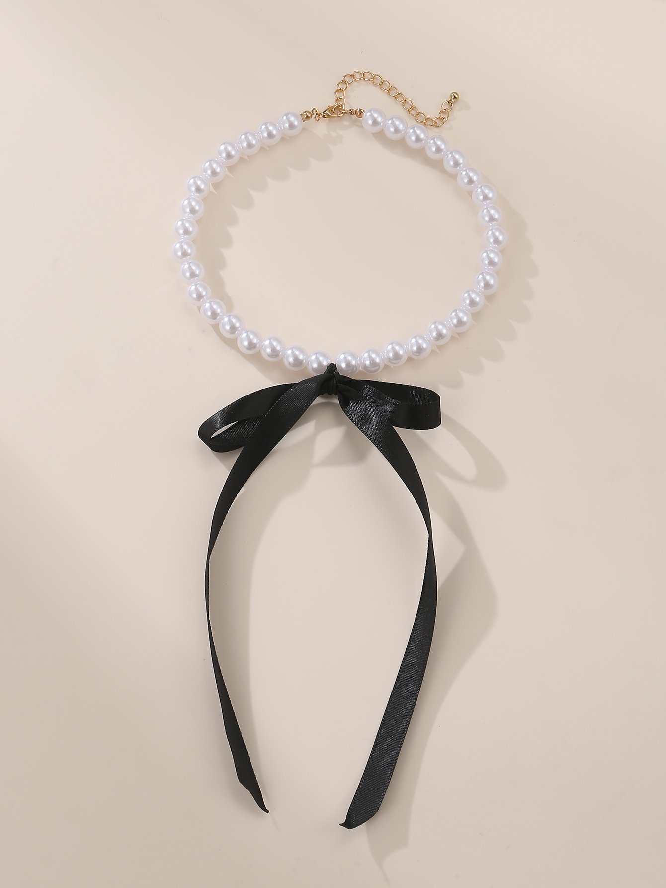 Pearl Beaded Necklace with Black Ribbon