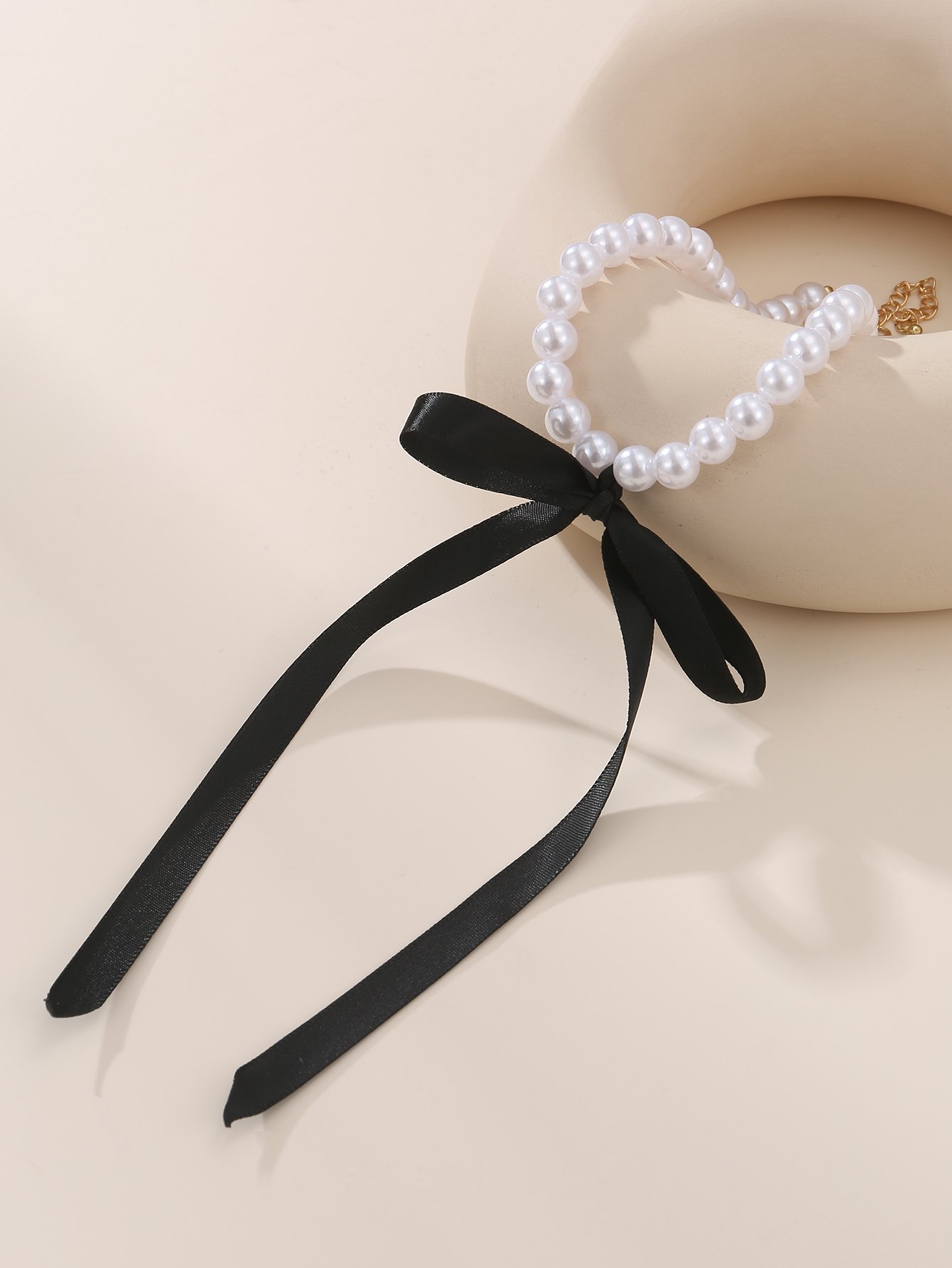 Pearl Beaded Necklace with Black Ribbon