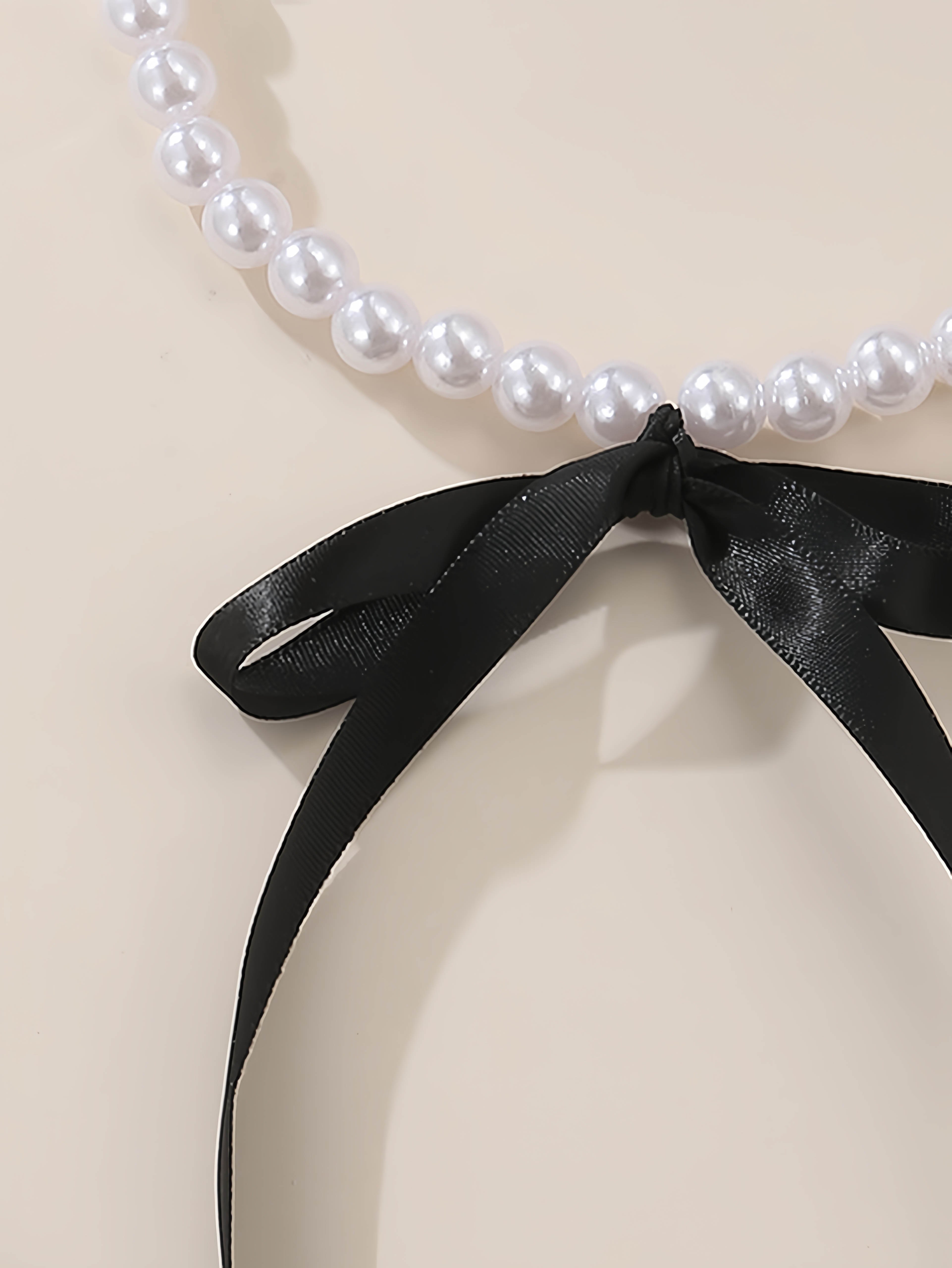 Pearl Beaded Necklace with Black Ribbon