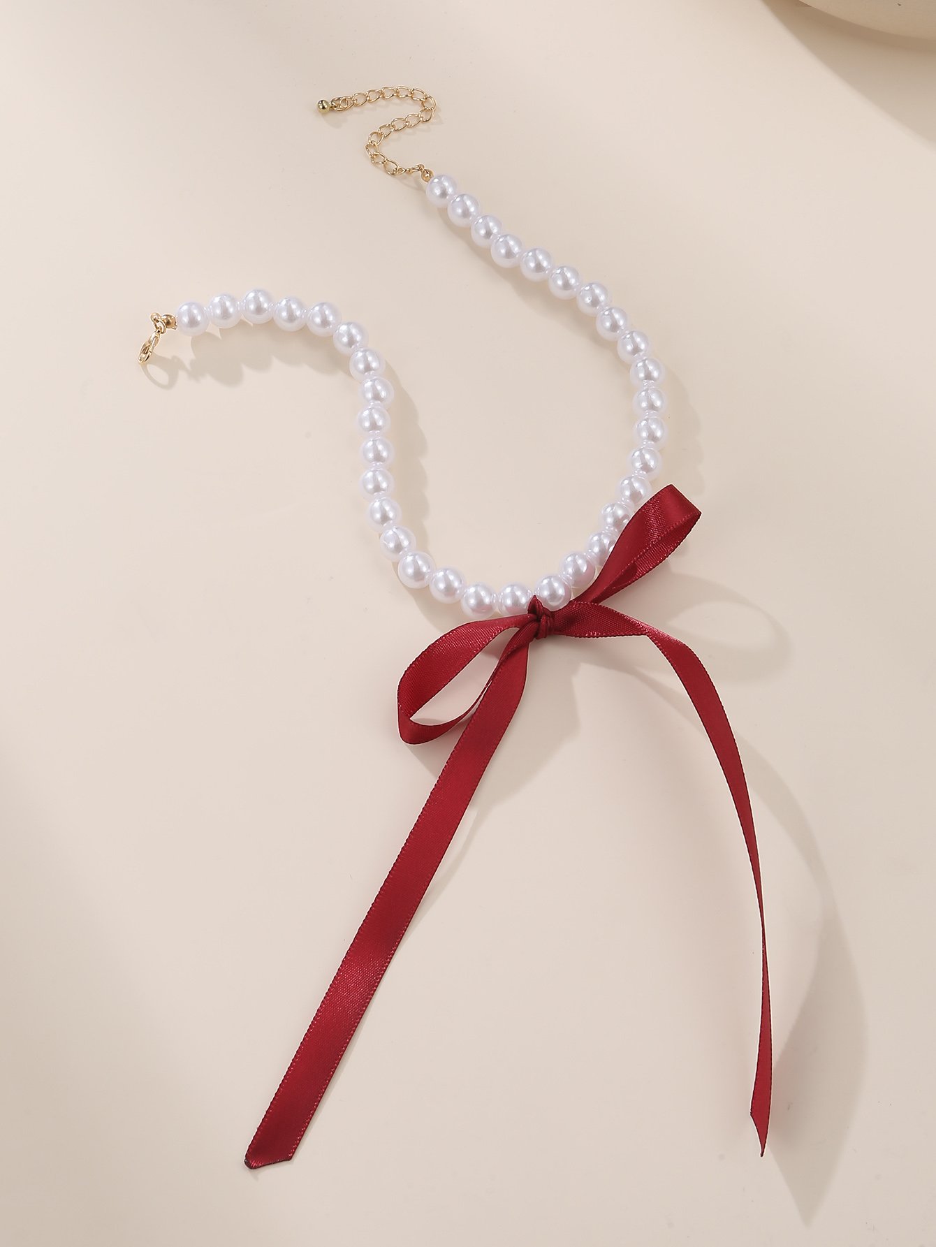 Pearl Beaded Necklace with Red Ribbon