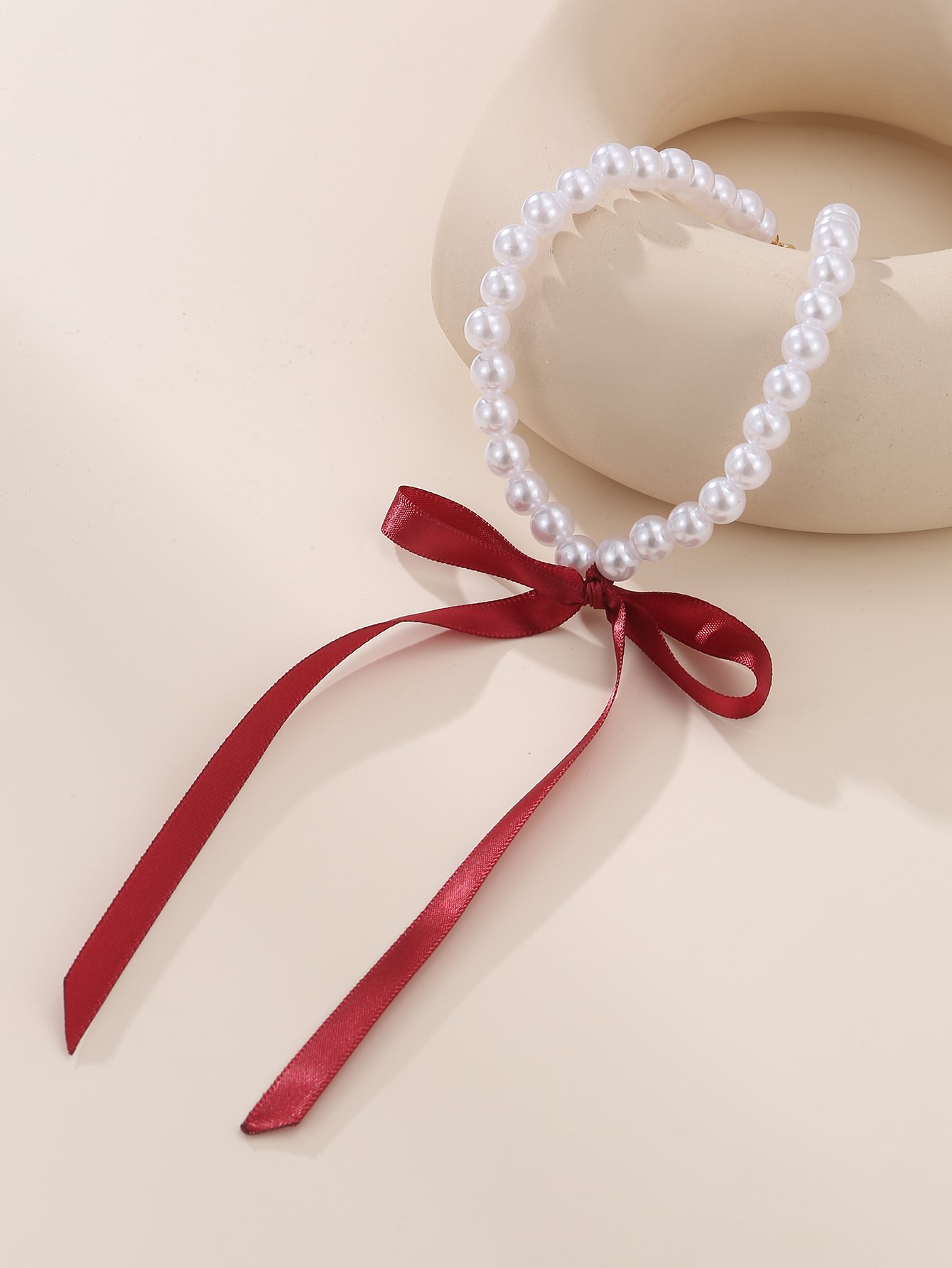 Pearl Beaded Necklace with Red Ribbon