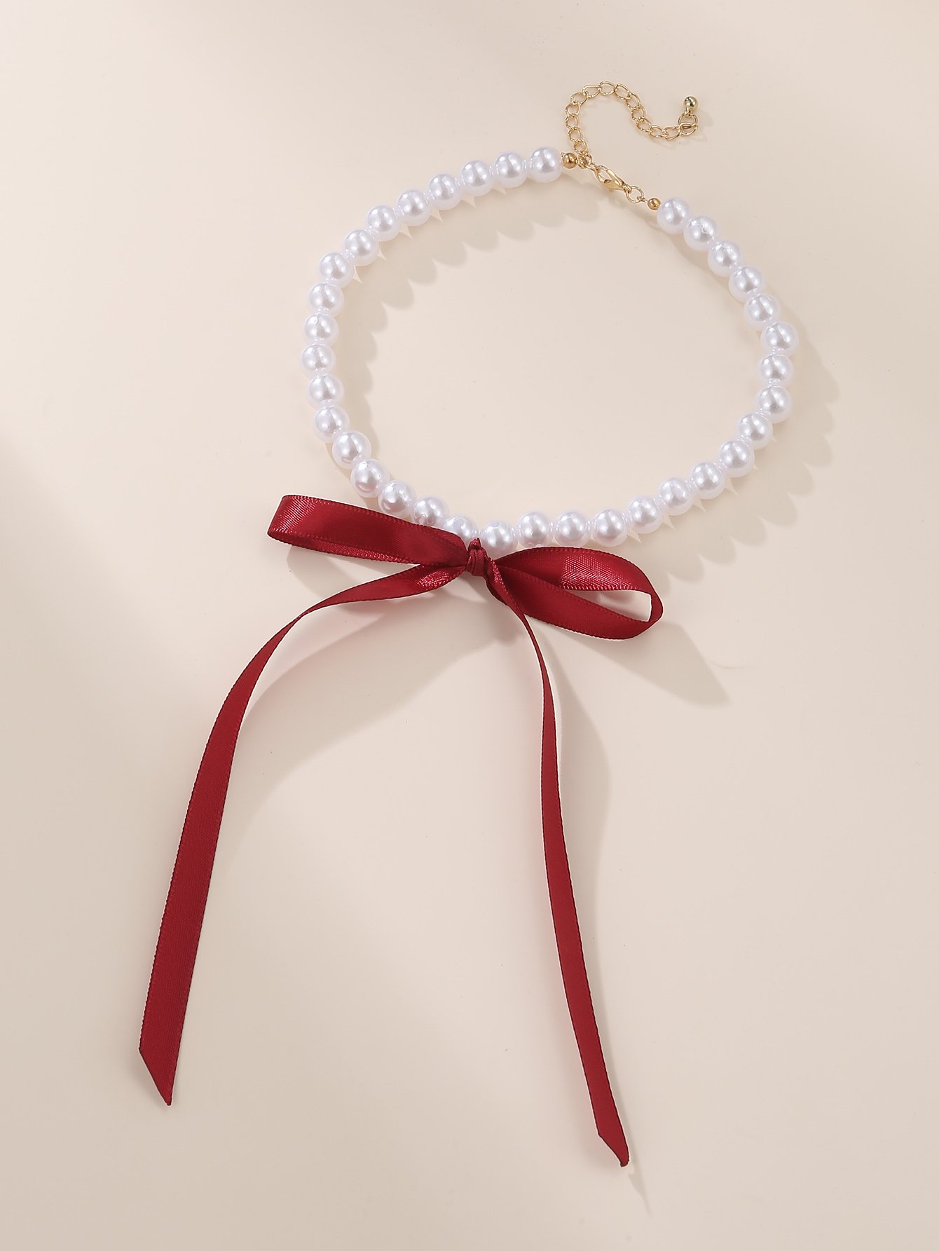 Pearl Beaded Necklace with Red Ribbon