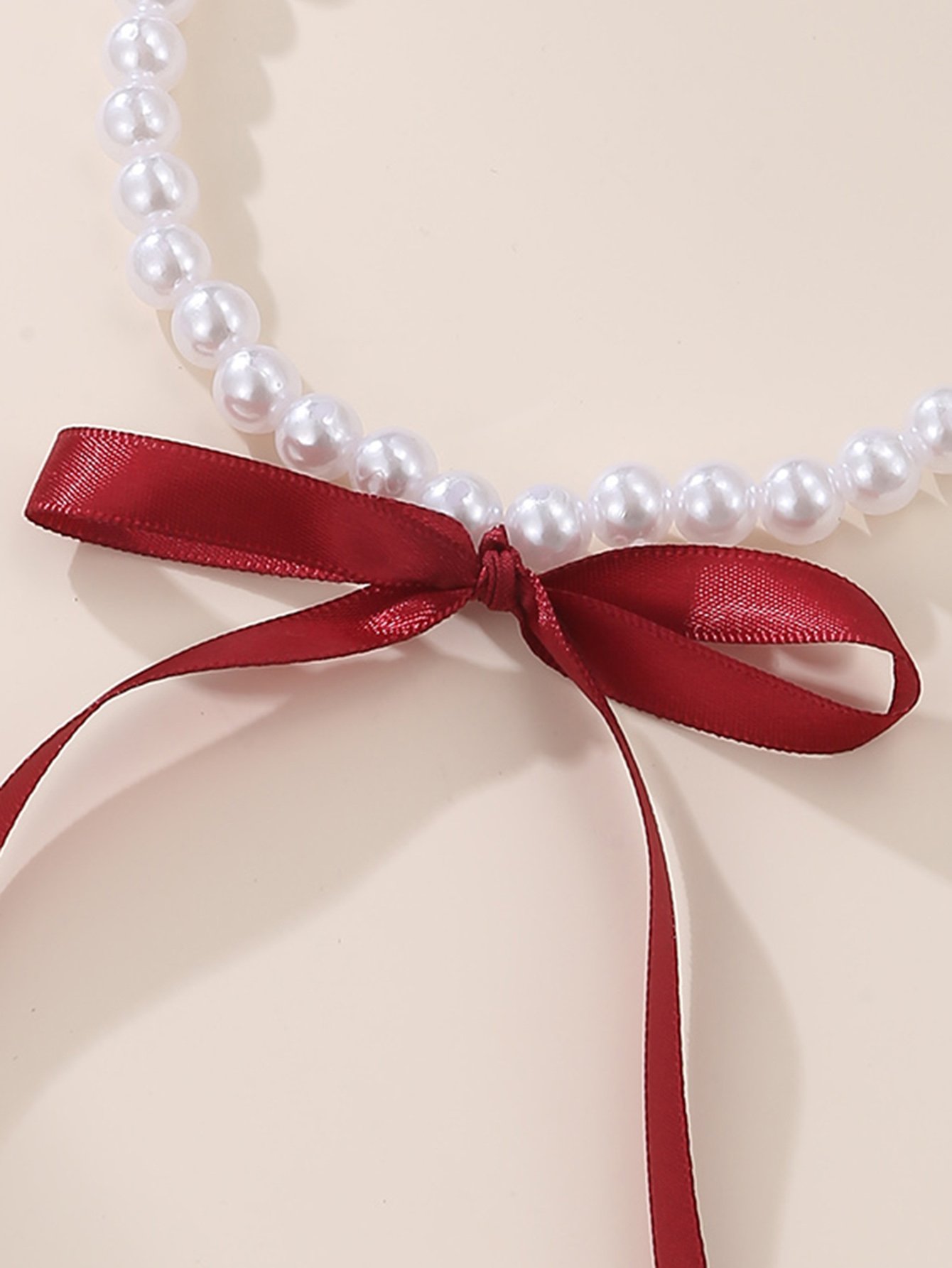 Pearl Beaded Necklace with Red Ribbon