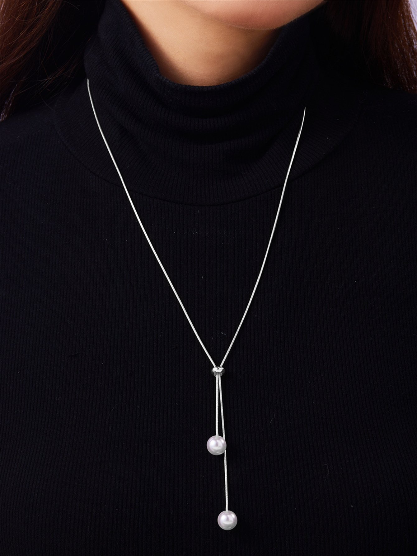 Silver Y Necklace with Pearl Drops
