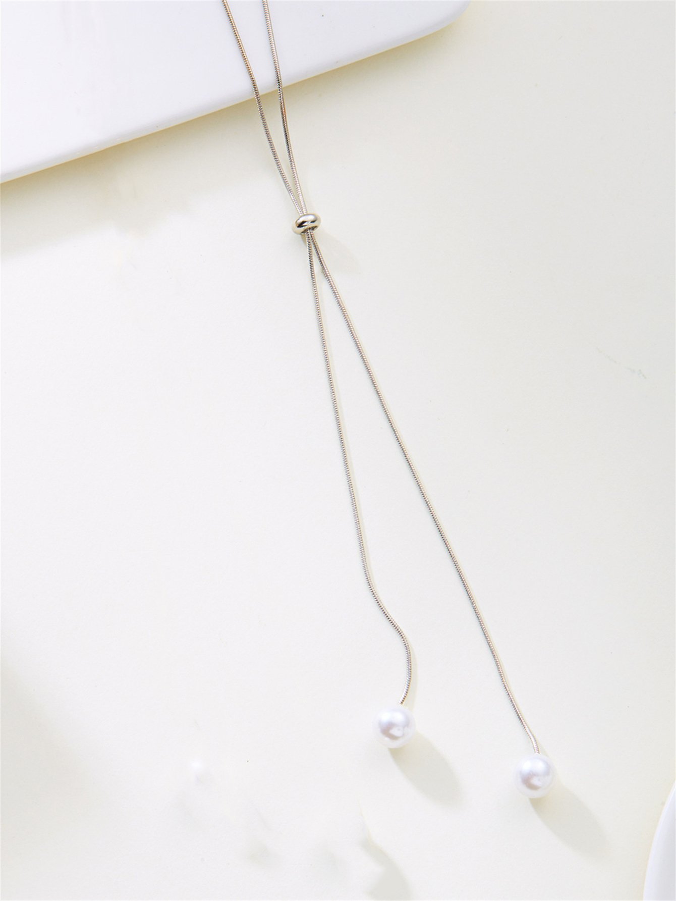 Silver Y Necklace with Pearl Drops
