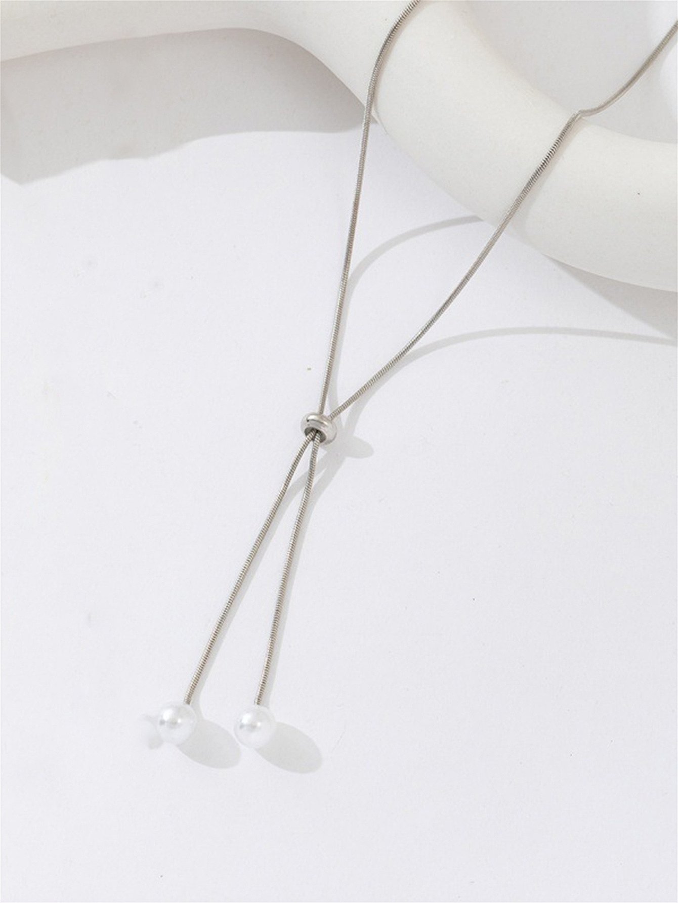 Silver Y Necklace with Pearl Drops