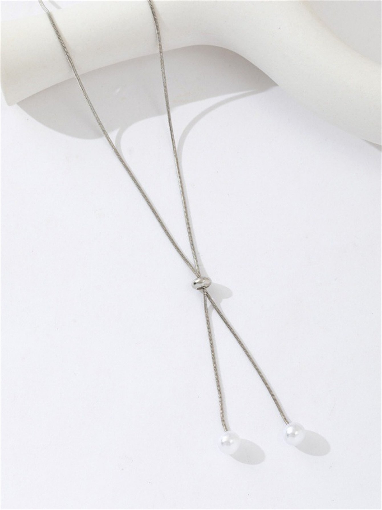 Silver Y Necklace with Pearl Drops