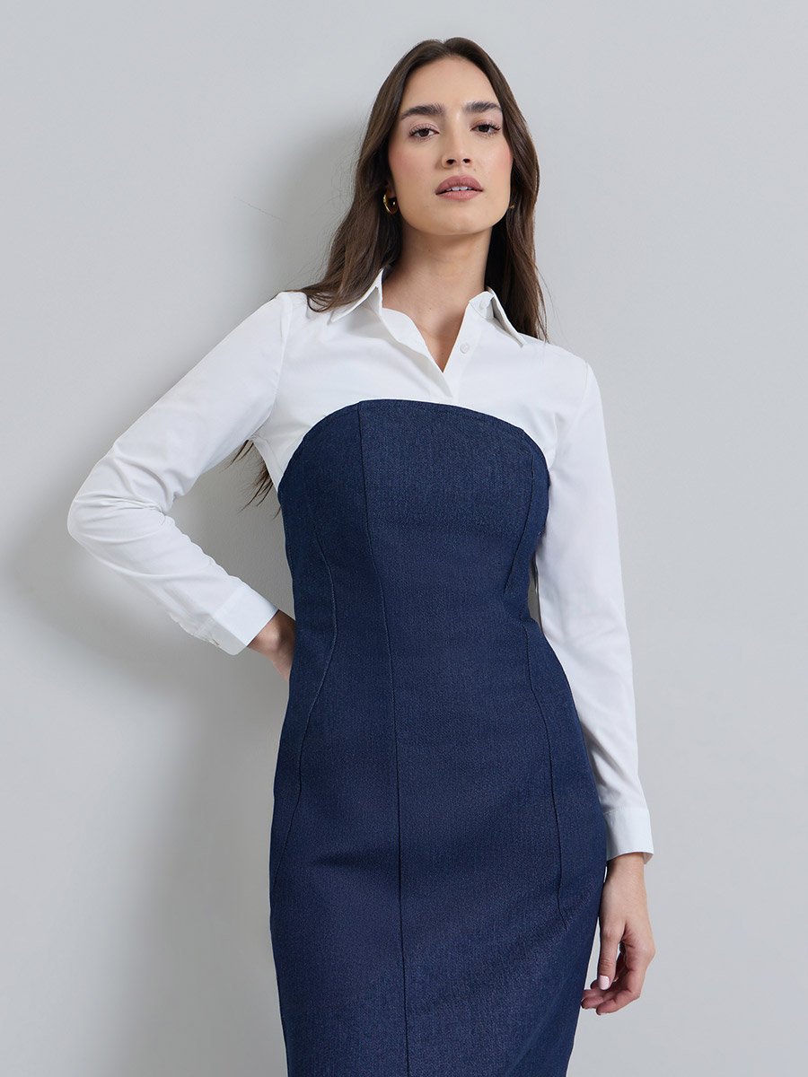 Navy Blue Denim Midi Dress with Poplin Shirt Set