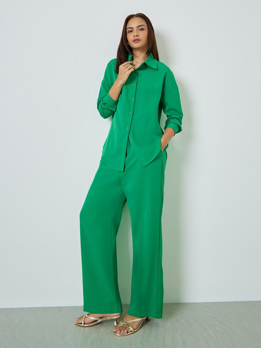 Green Solid Shirt and Wide Leg Pants Set