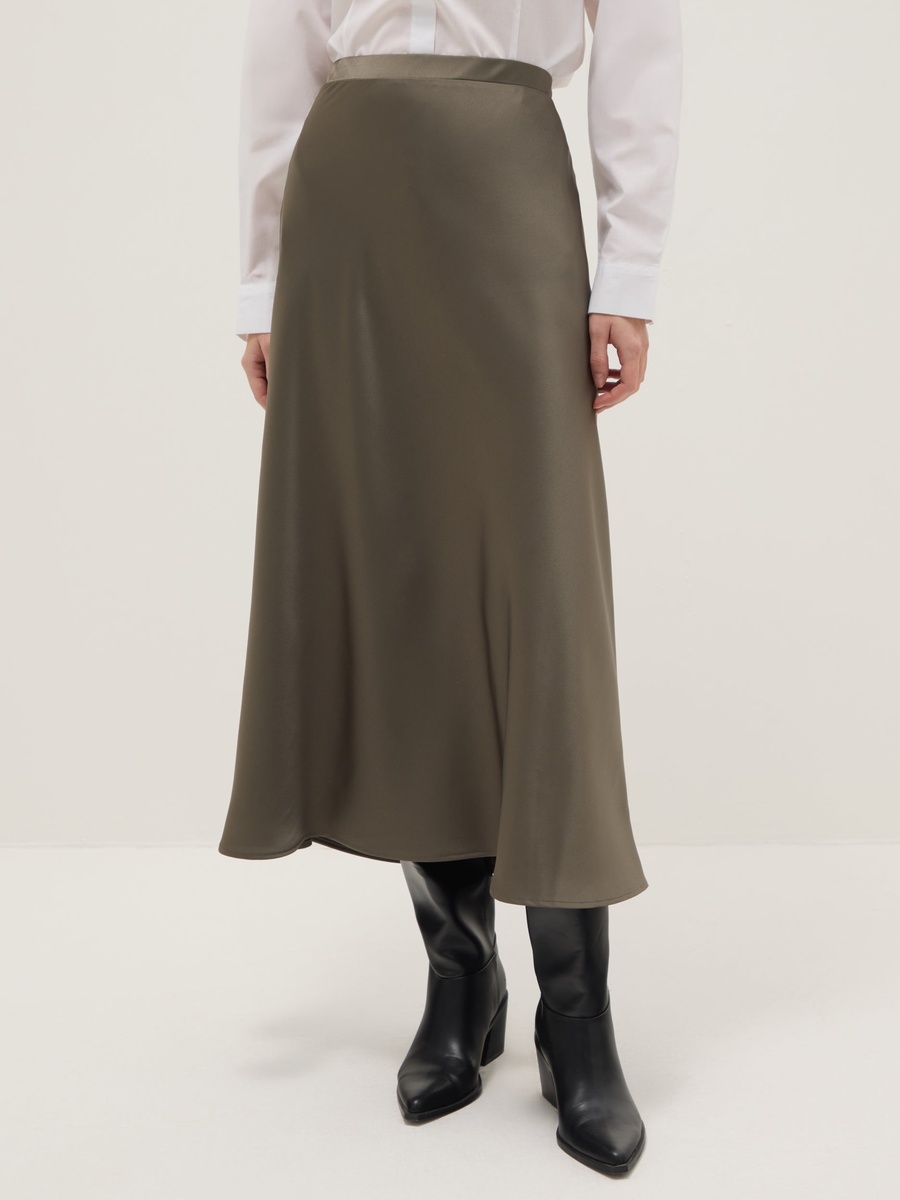 Grey Satin Elastic Waist Midi Skirt