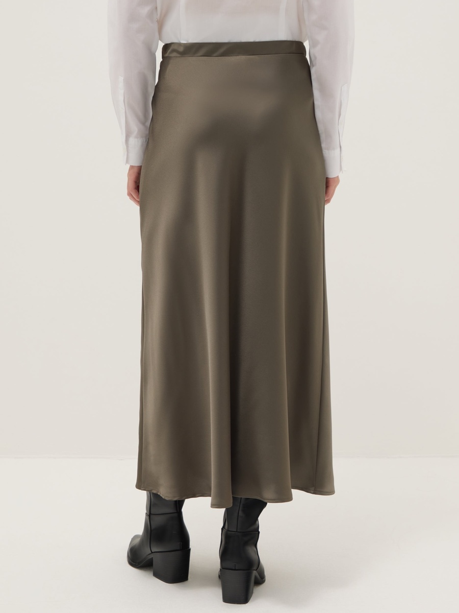 Grey Satin Elastic Waist Midi Skirt
