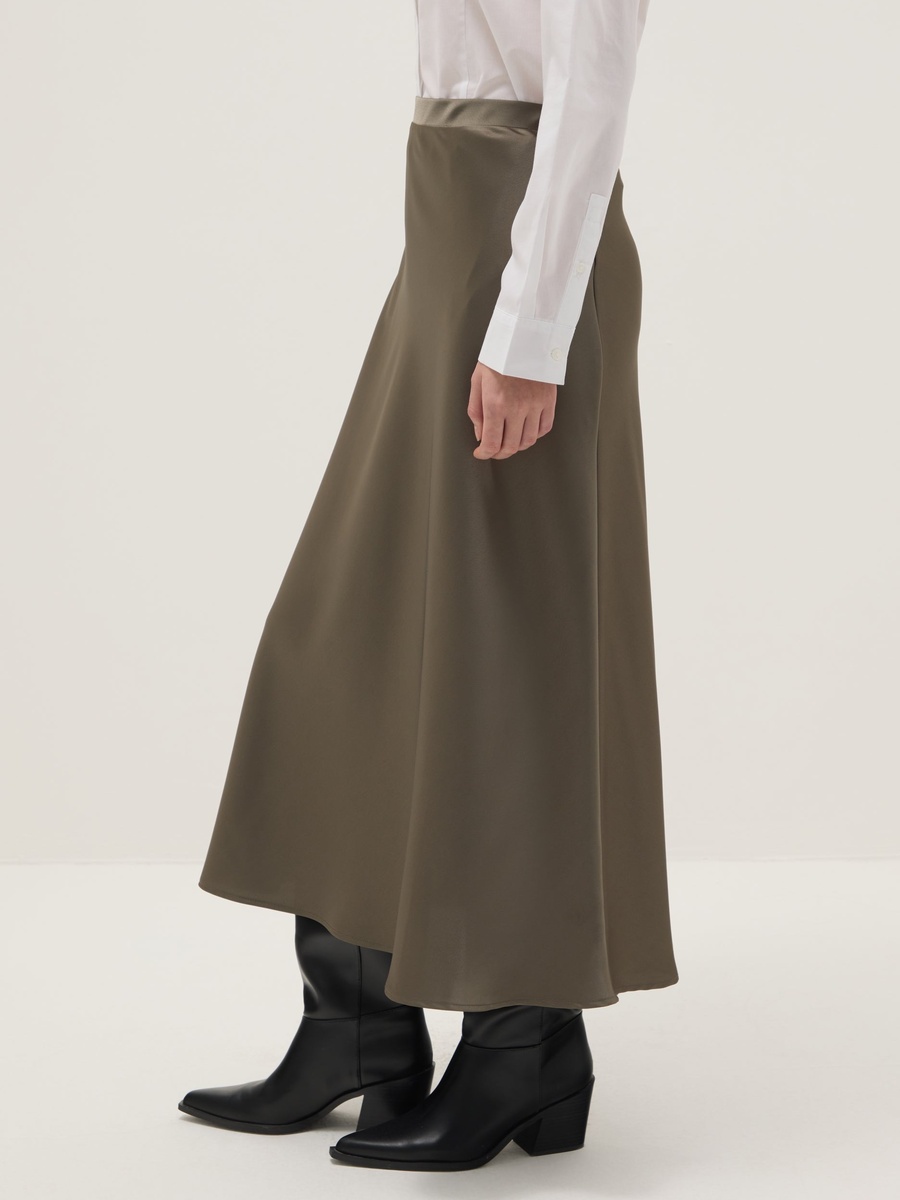 Grey Satin Elastic Waist Midi Skirt