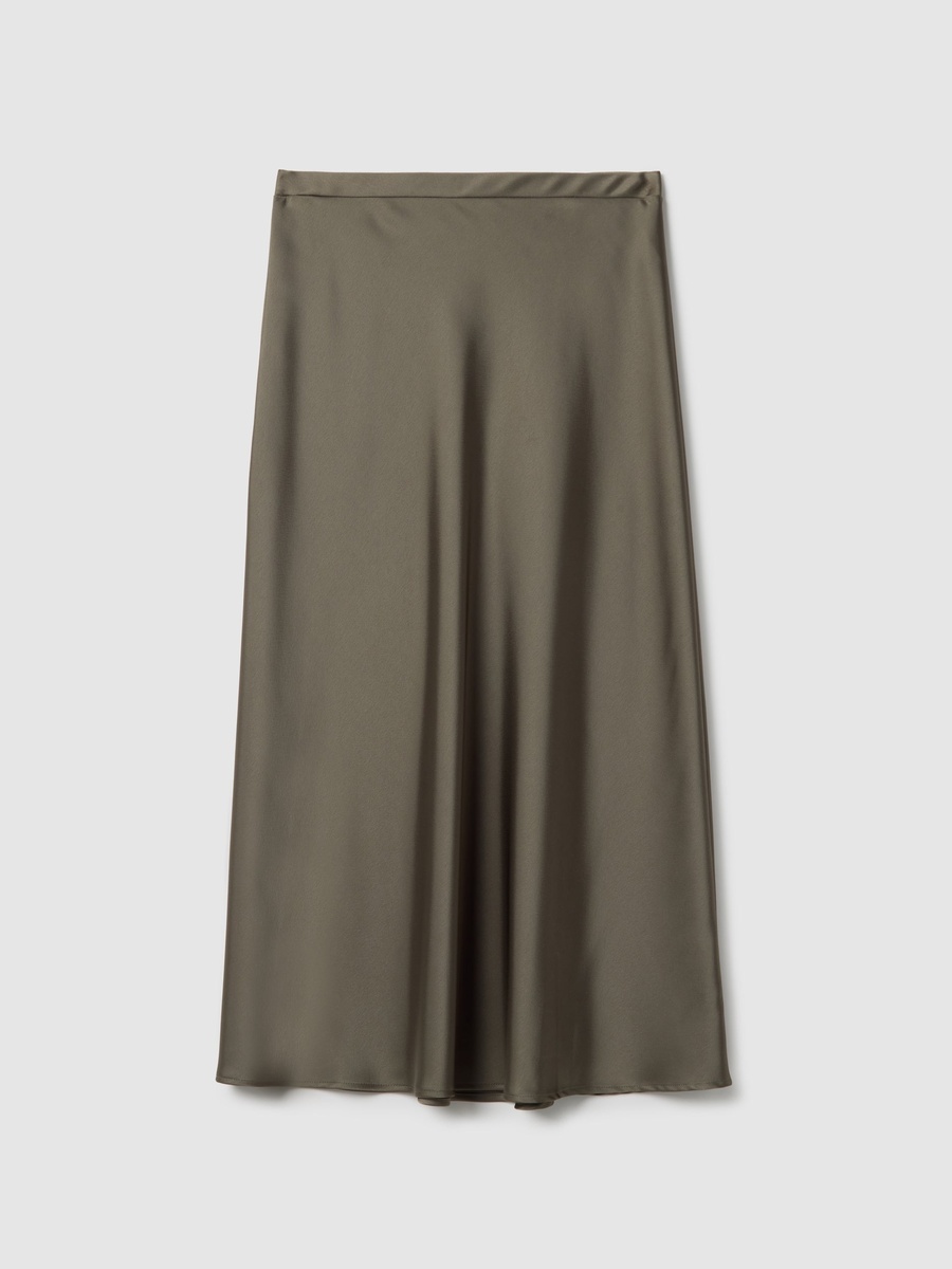 Grey Satin Elastic Waist Midi Skirt