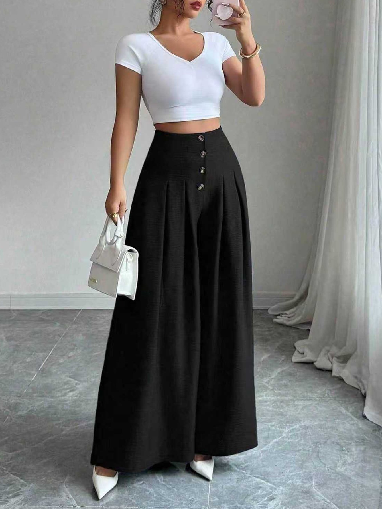 Black Button-Fly Extreme Wide Leg Pants