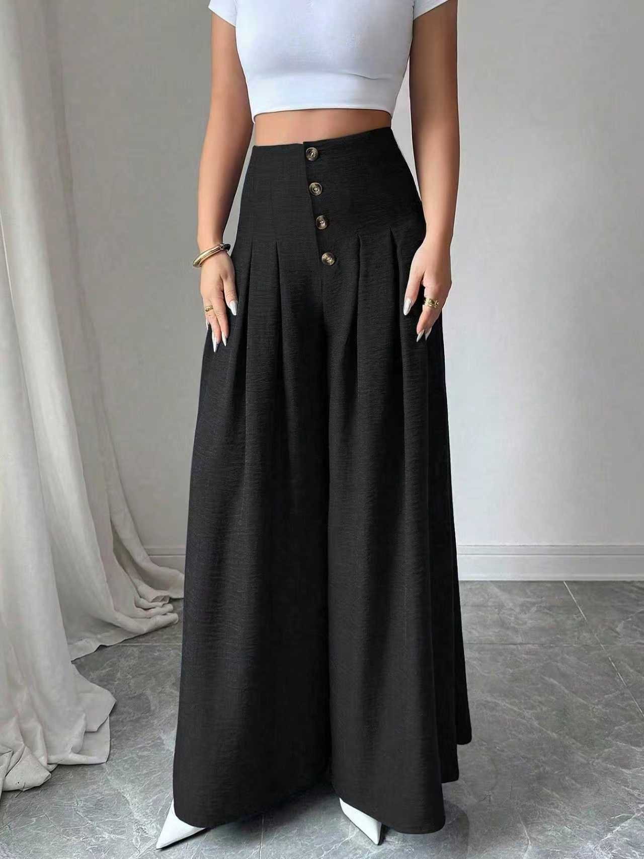 Black Button-Fly Extreme Wide Leg Pants