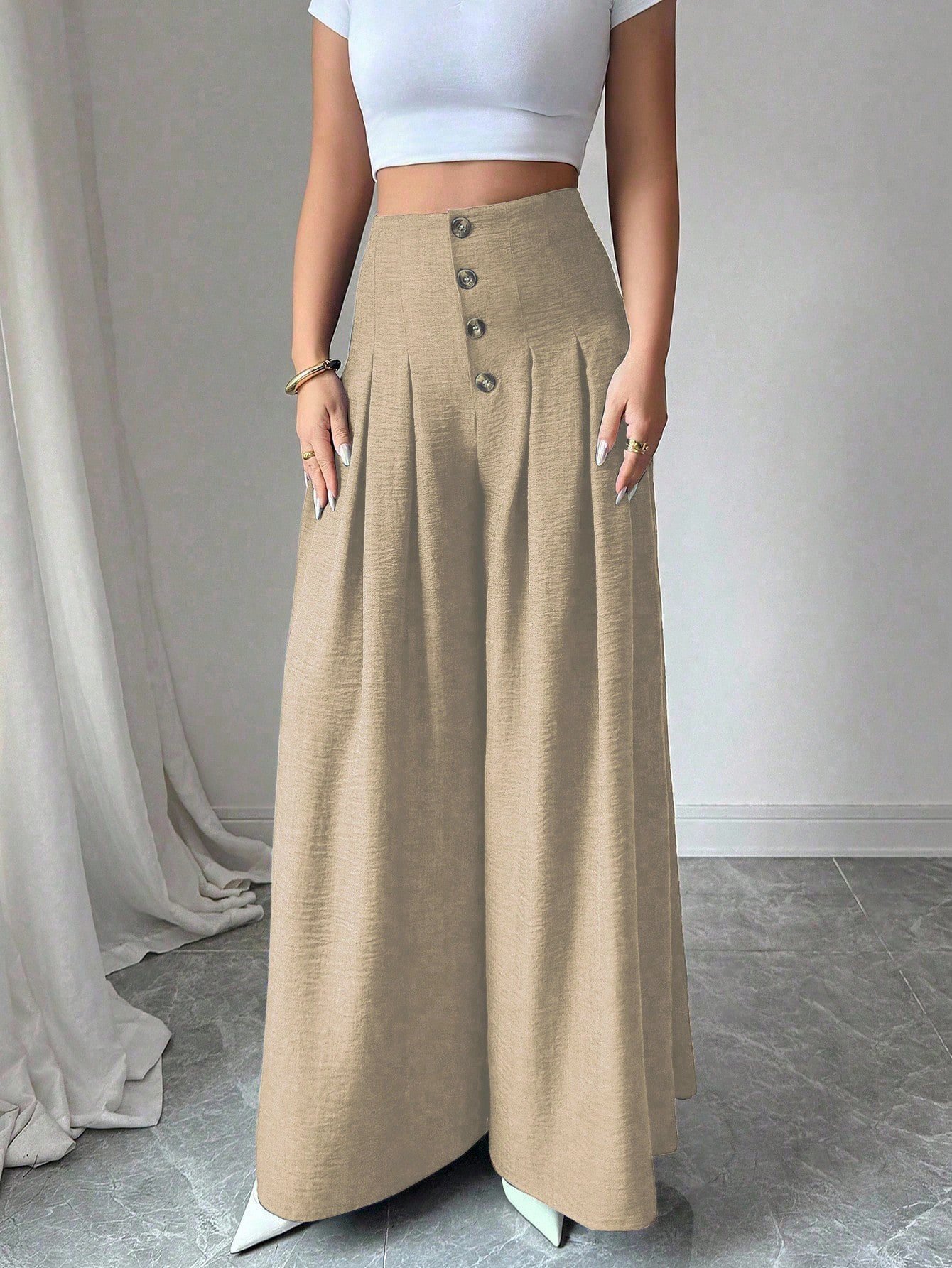 Khaki Wide-Leg Palazzo Trousers