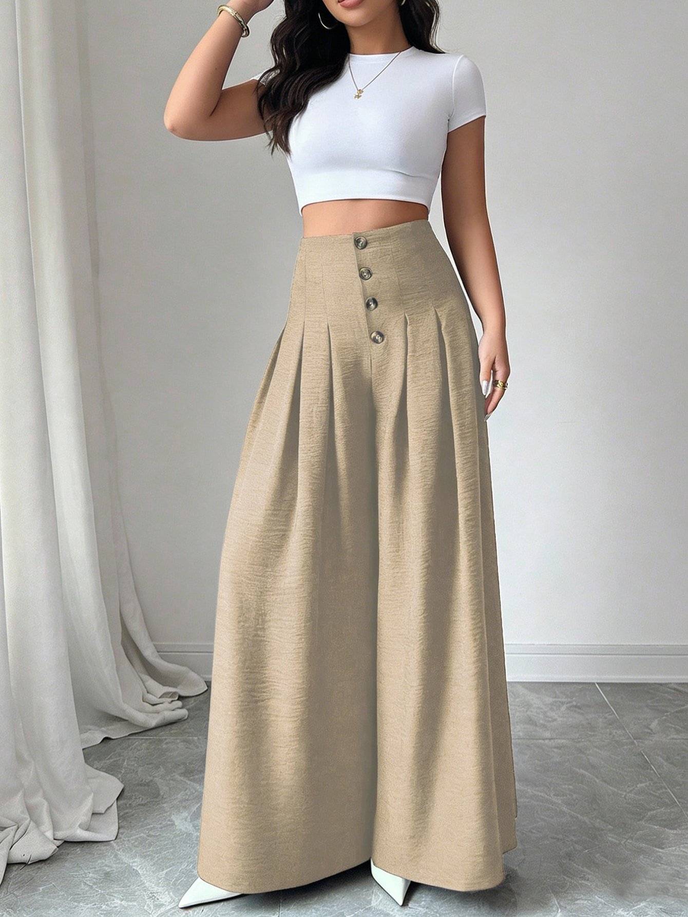 Khaki Wide-Leg Palazzo Trousers