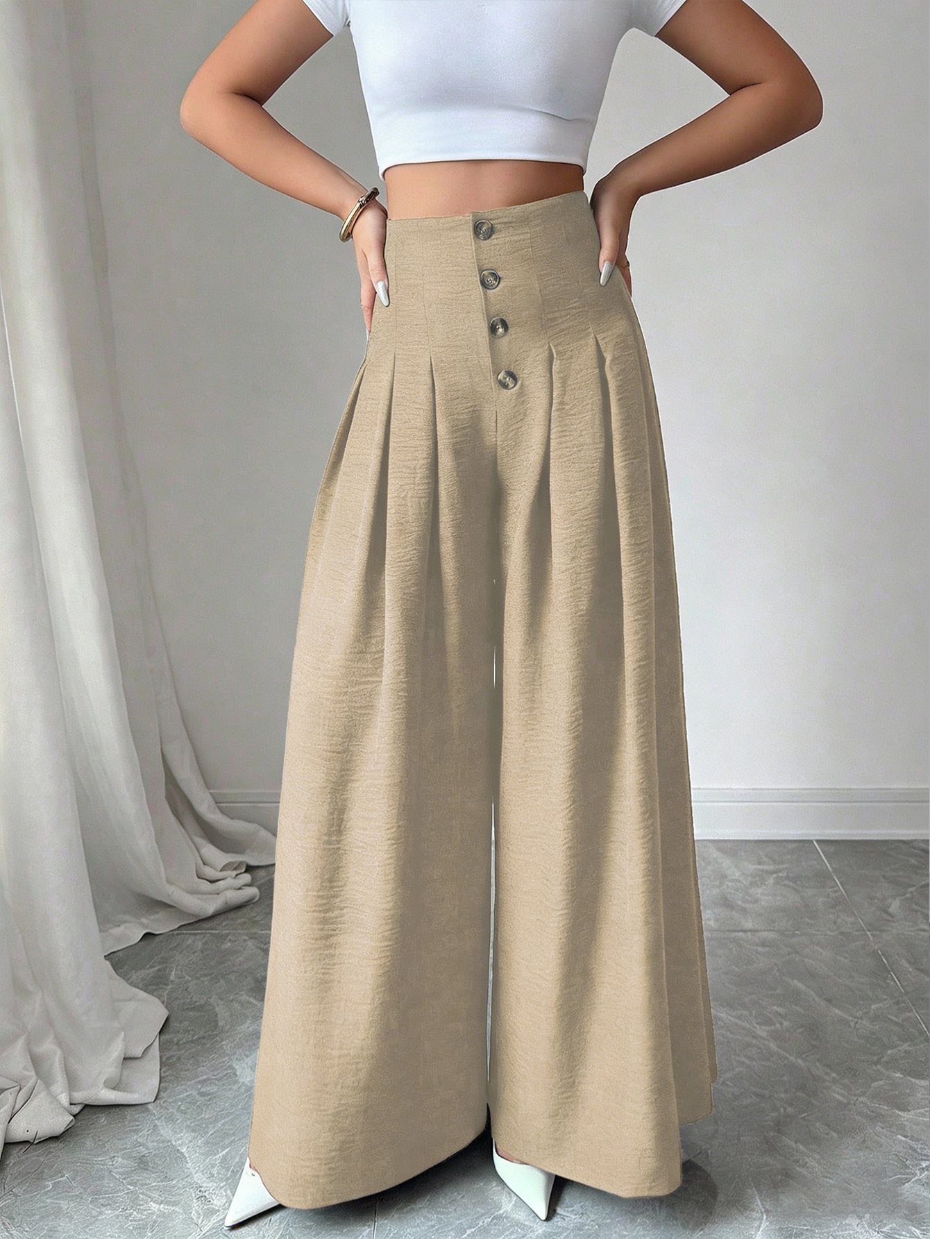 Khaki Wide-Leg Palazzo Trousers
