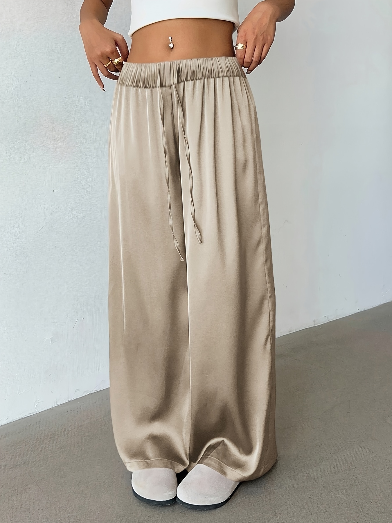 Khaki Wide Leg Satin Trousers