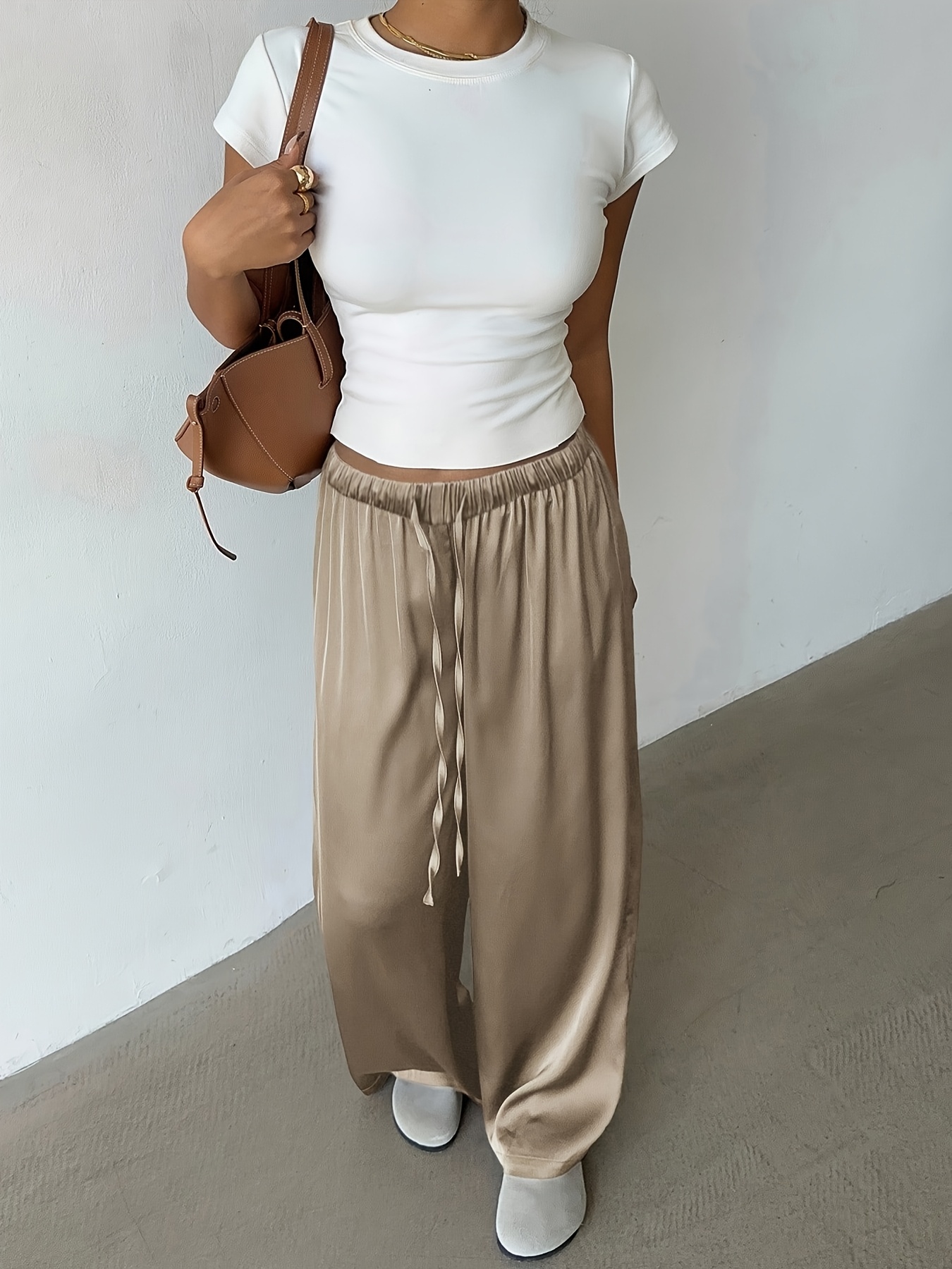Khaki Wide Leg Satin Trousers