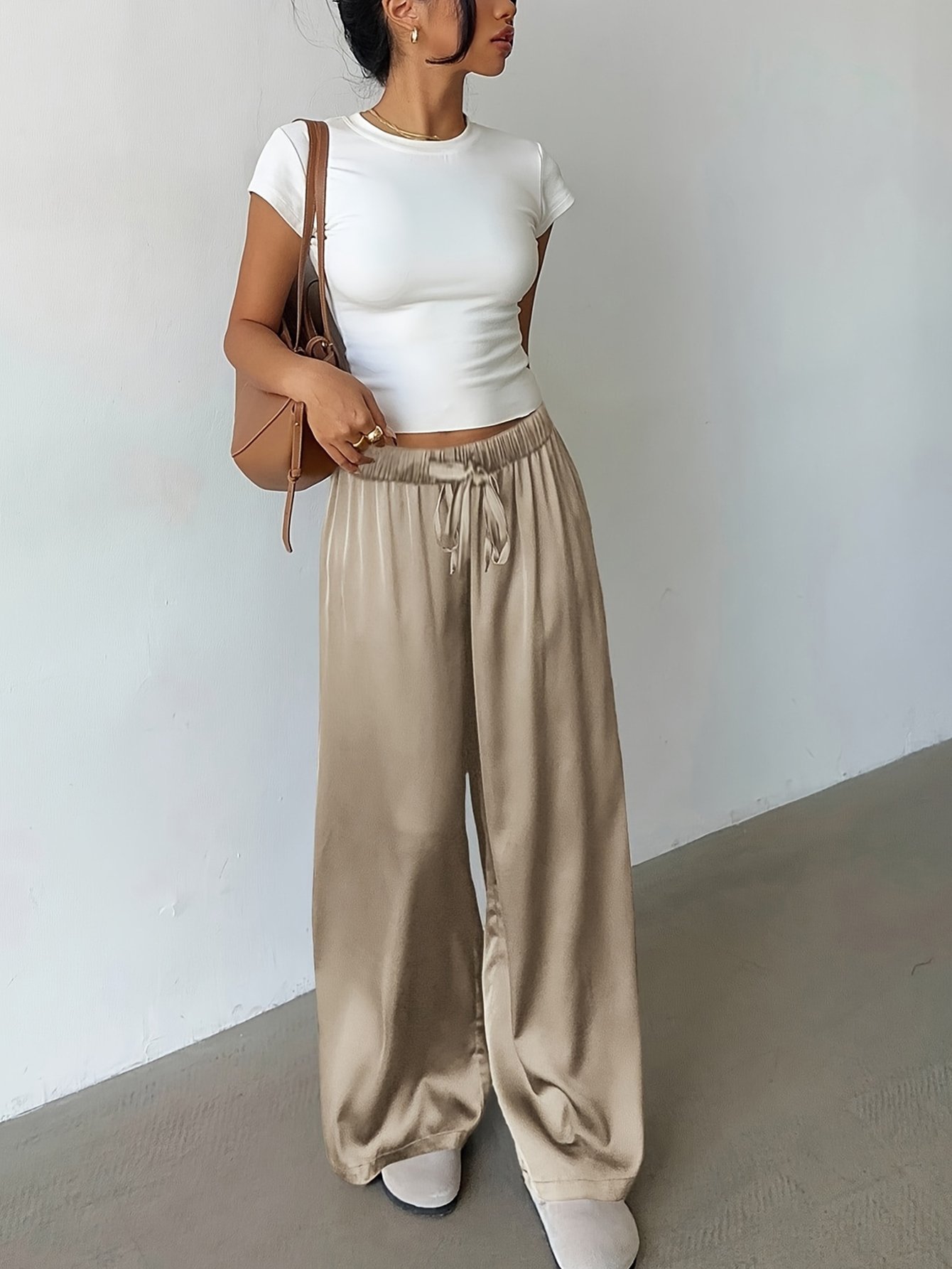 Khaki Wide Leg Satin Trousers
