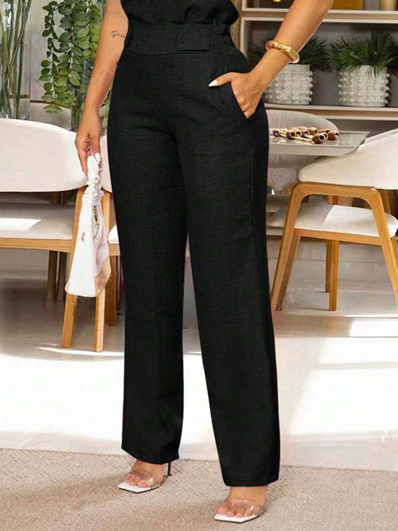 Black Solid Straight Leg Pants