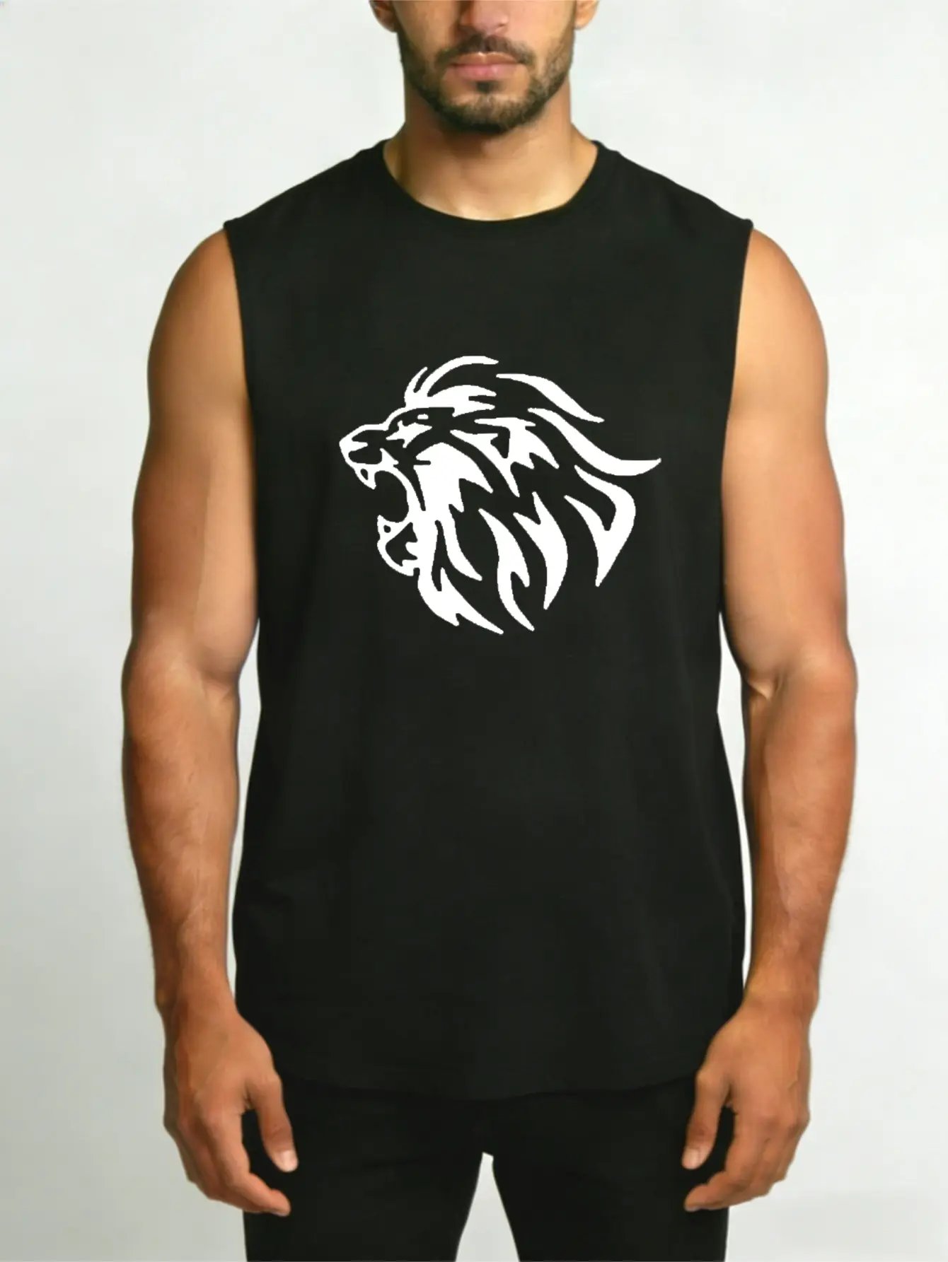 Men Black Graphic Lion Tank Top