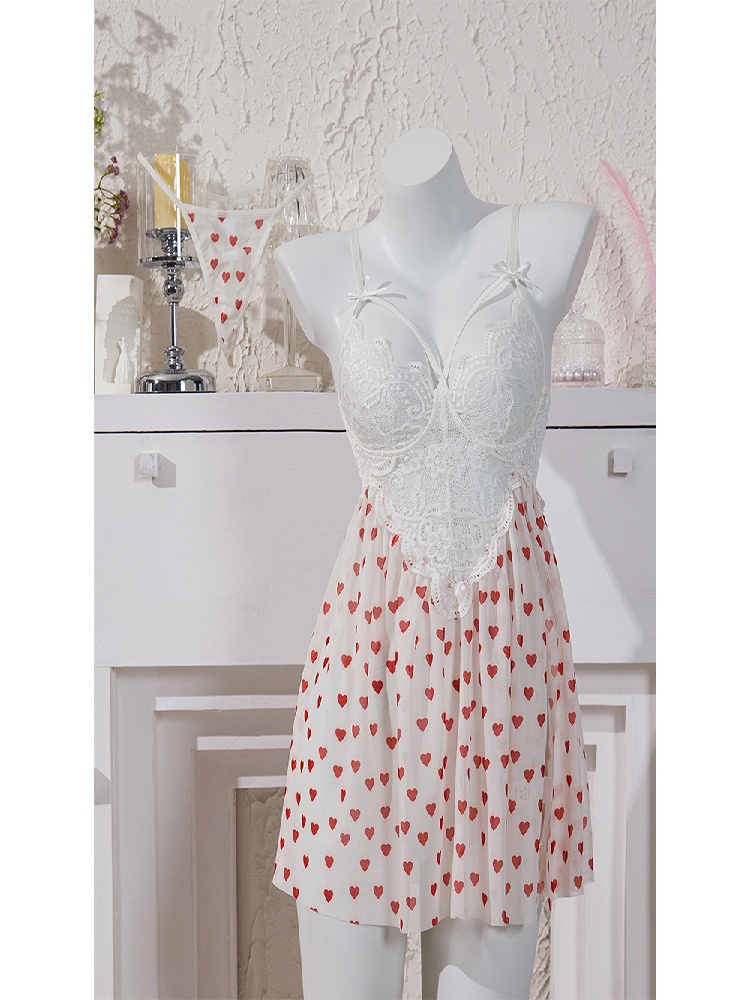 White Heart Print Lace Detail Babydoll with Thong
