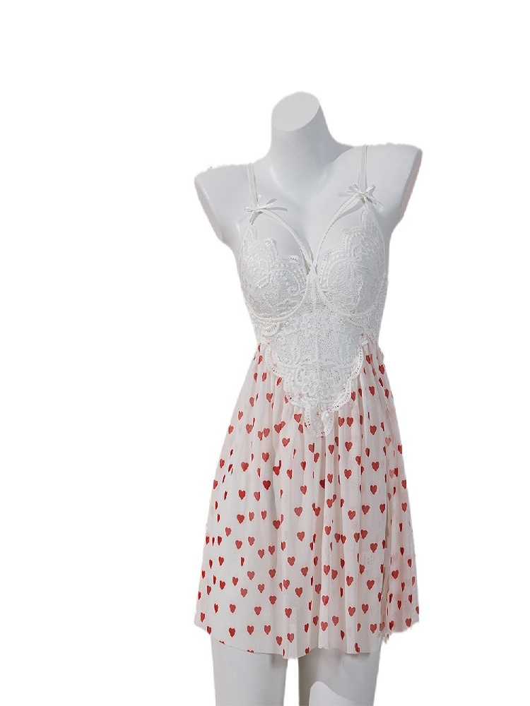 White Heart Print Lace Detail Babydoll with Thong